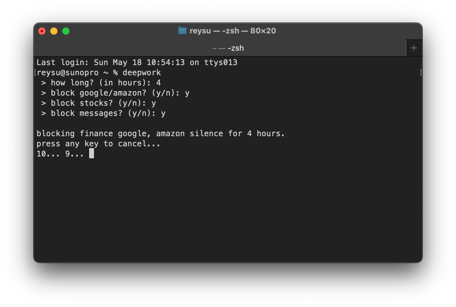 terminal showing questions and countdown